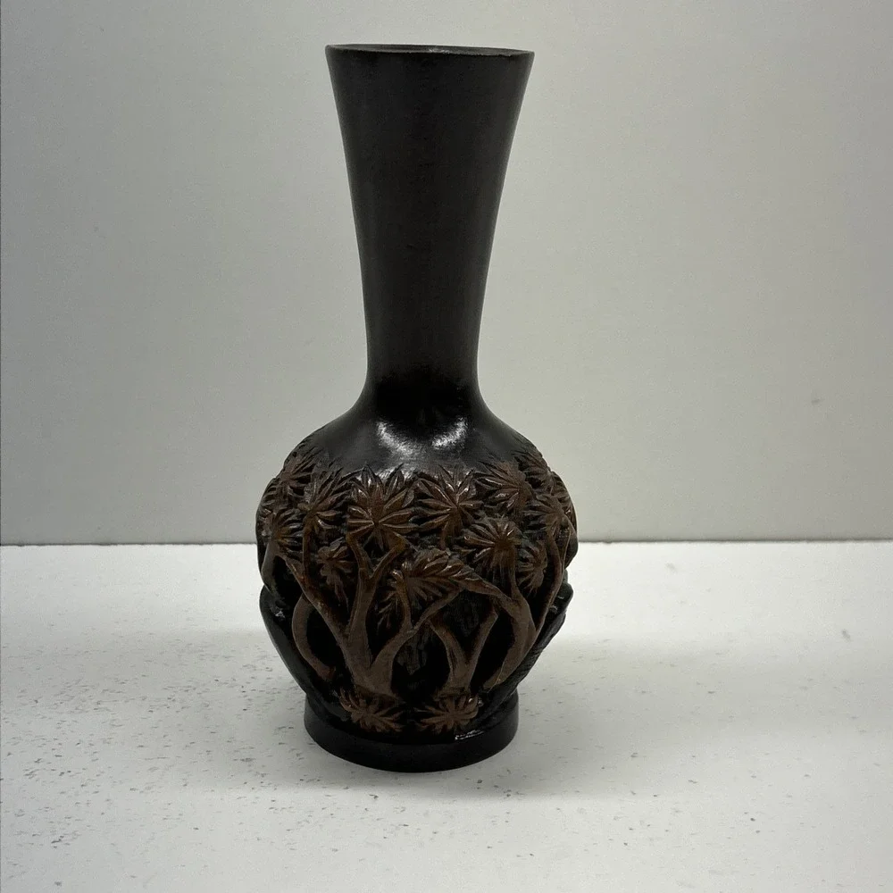 Vintage Teak Wood Hand Carved‎ Laquered 3D Elephant Vase 8